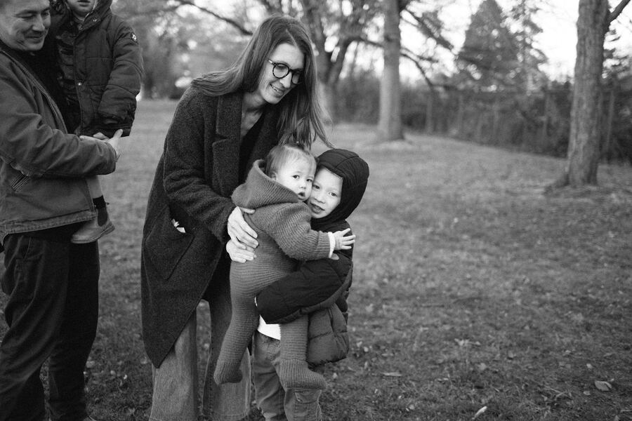 Black and white tender moment outdoors