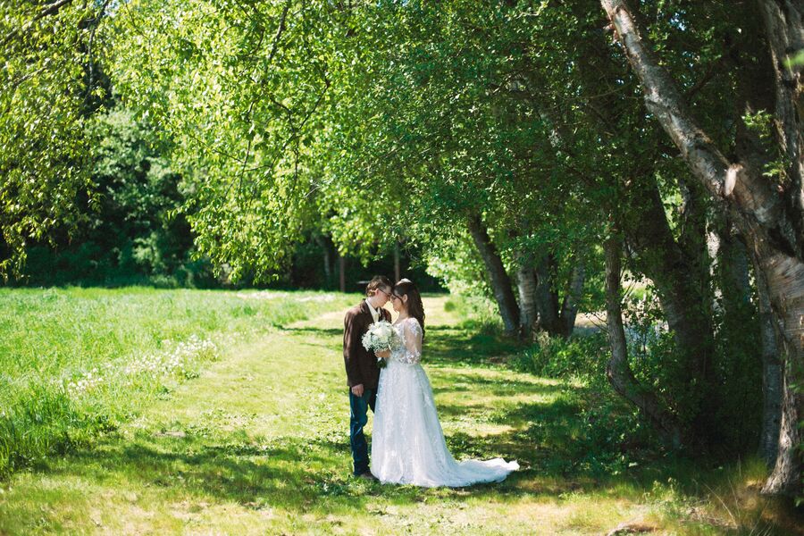 Couple kissing under a canopy of sunlit trees